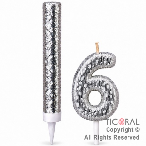 SET BENGALA Y VELA NUMERAL NUMERO 6 CON GIBRE PLATA